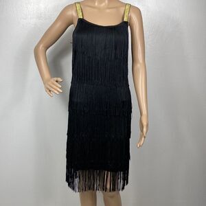 L’Vow Women Black Sleeveless Fringe Flapper Midi Dress